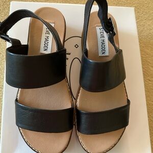 Steve Madden Black Leather Sandal, 5.5. Short time to purchase review donating.